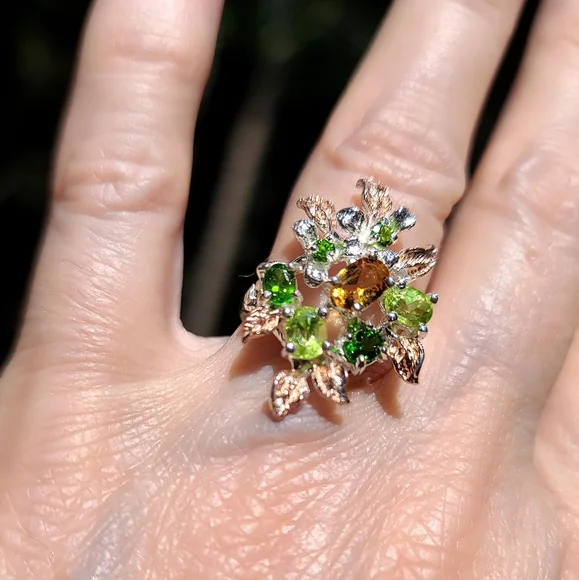 Citrine Peridot & Chrome Diopside floral sterling ring sz6.5 - Picture 7 of 8